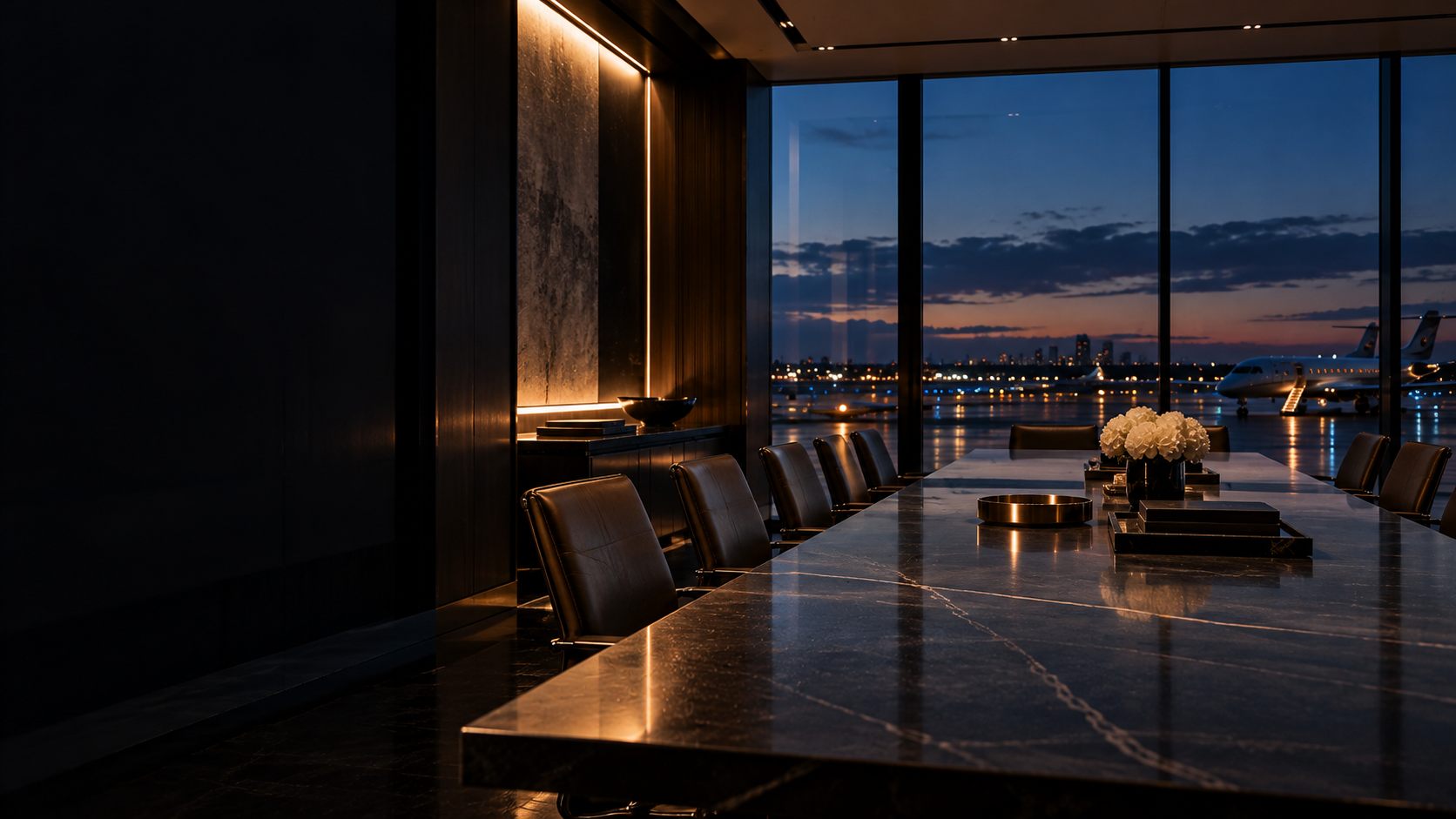 Private boardroom at dusk overlooking an airfield