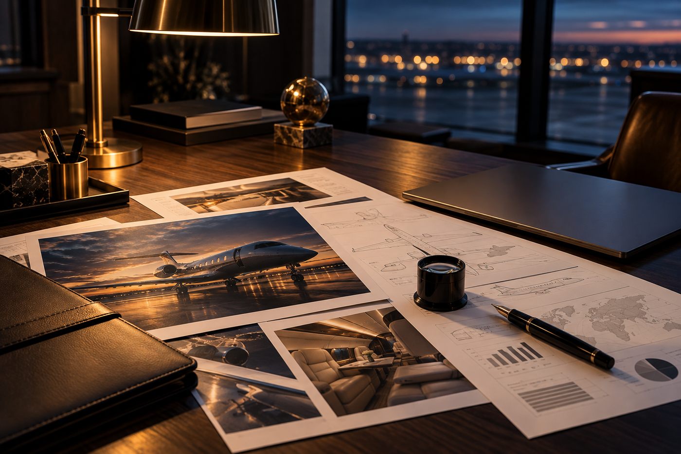 Aircraft specification documents and a loupe on a desk at dusk