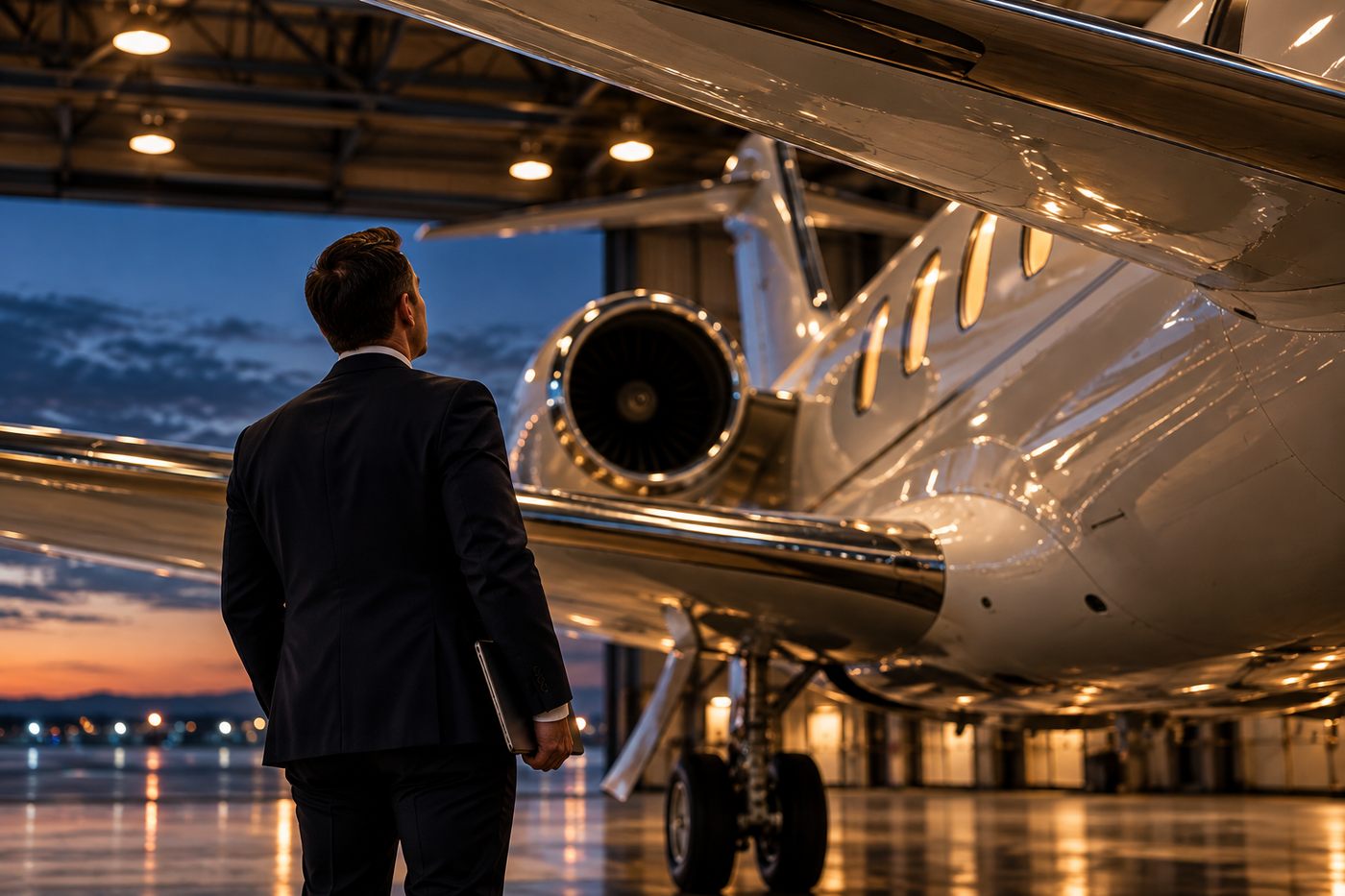 Representative conducting a walk-around inspection of a business jet