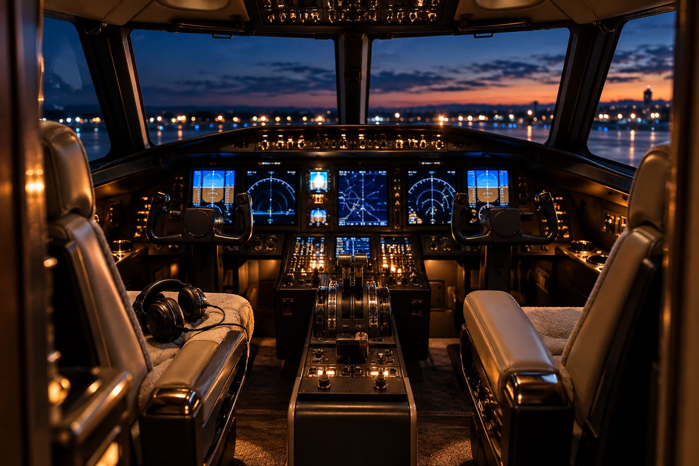 Business jet flight deck at dusk