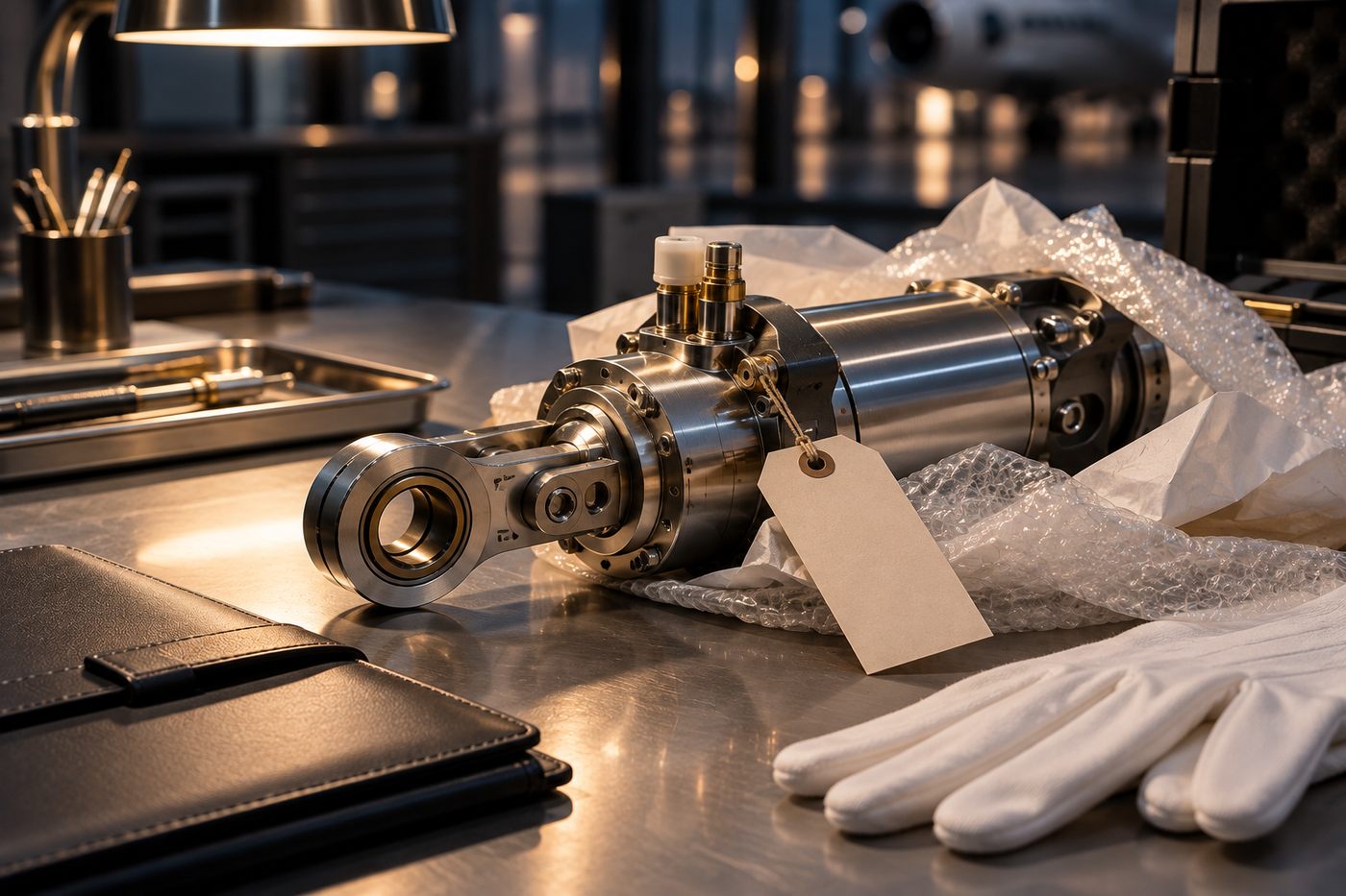 Precision aviation component on a workbench with documentation
