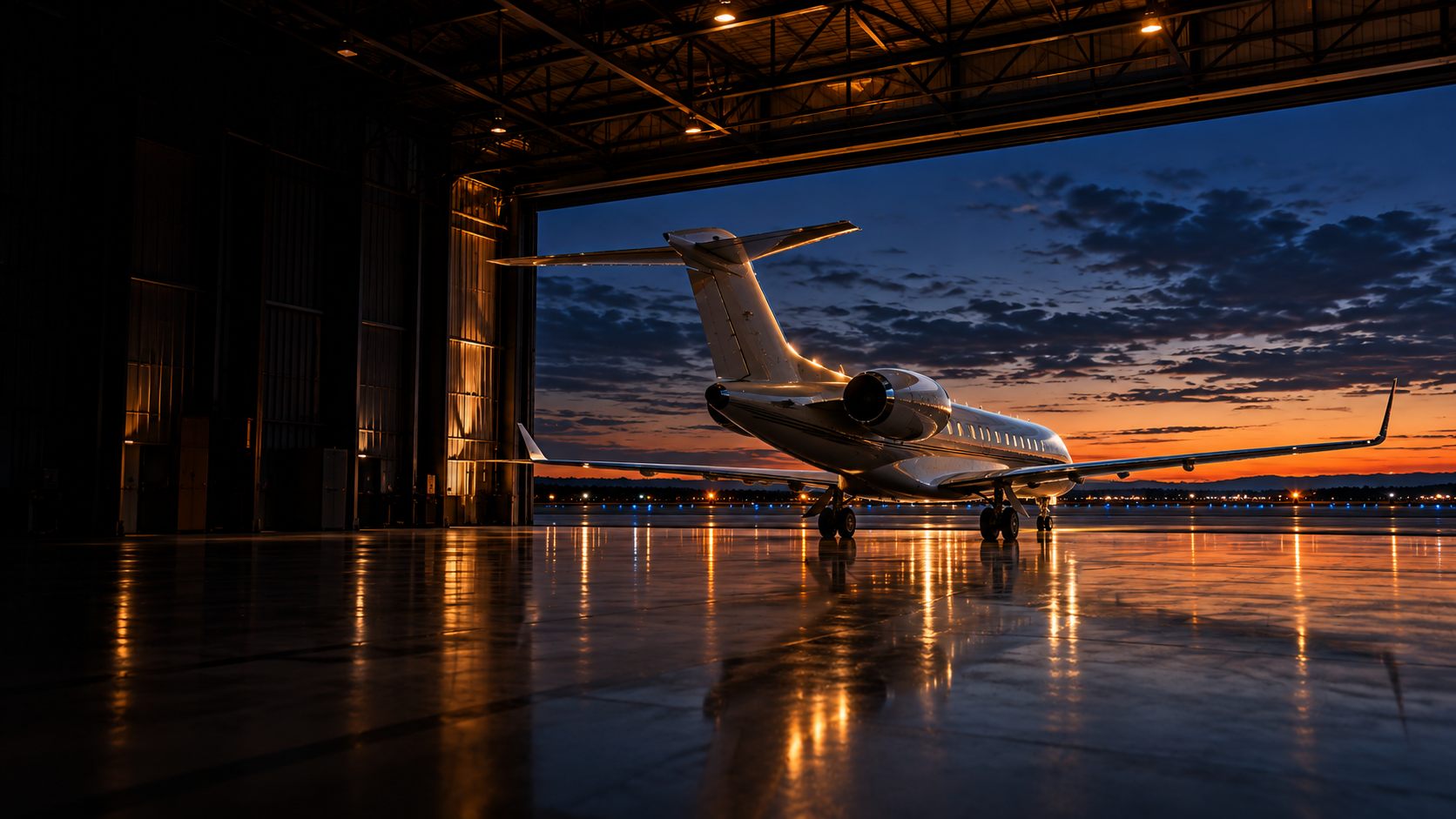 Business jet in a hangar with the door open to a dusk sky