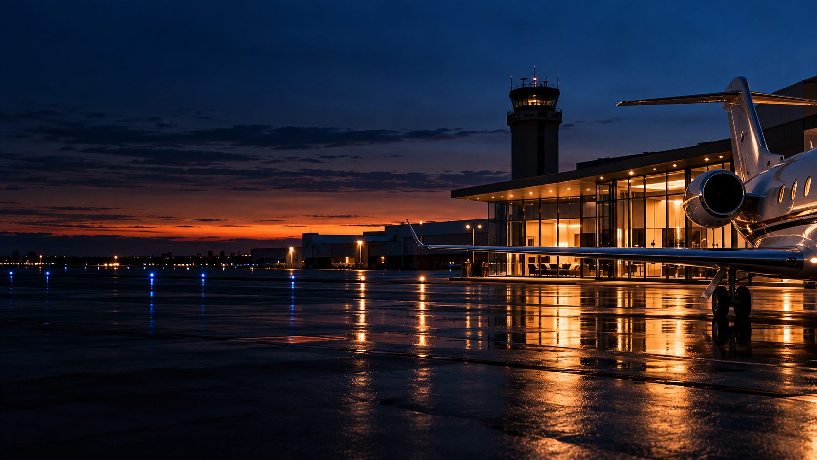 Private terminal and control tower at an airfield at dusk
