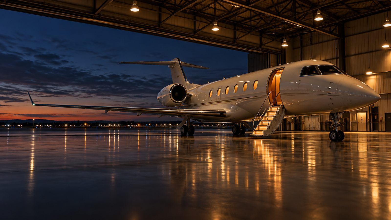 Business jet in a lit hangar at dusk