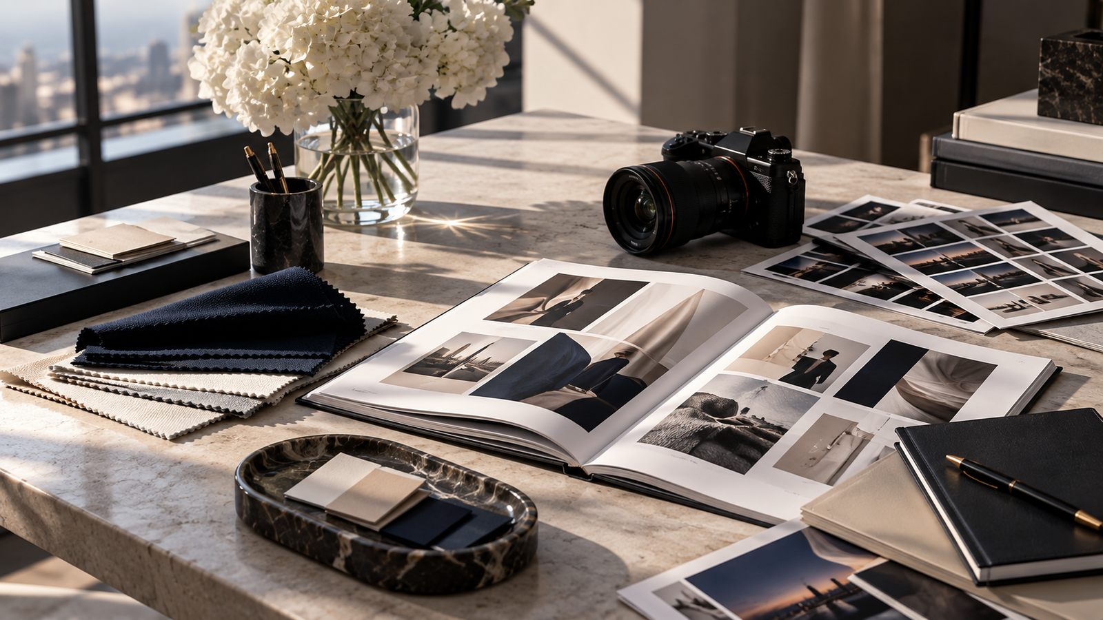 Luxury fashion campaign styling table in a studio
