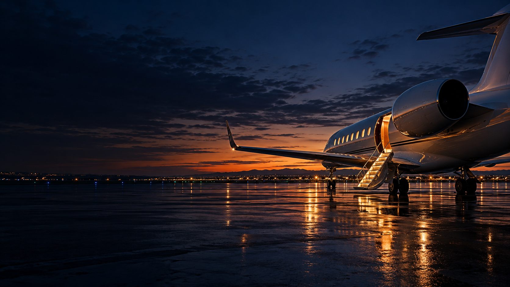 Business jet on a wet airport ramp at dusk