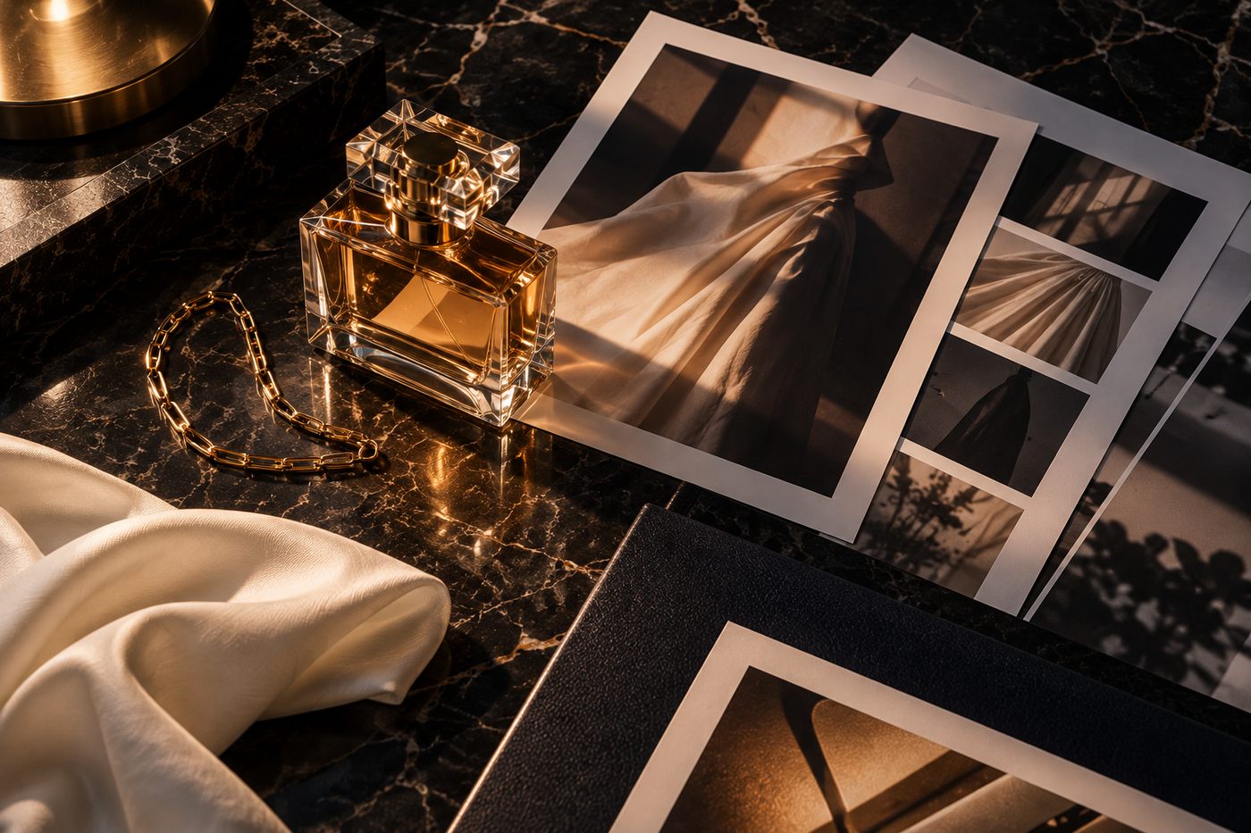 Luxury product still life with campaign contact sheets