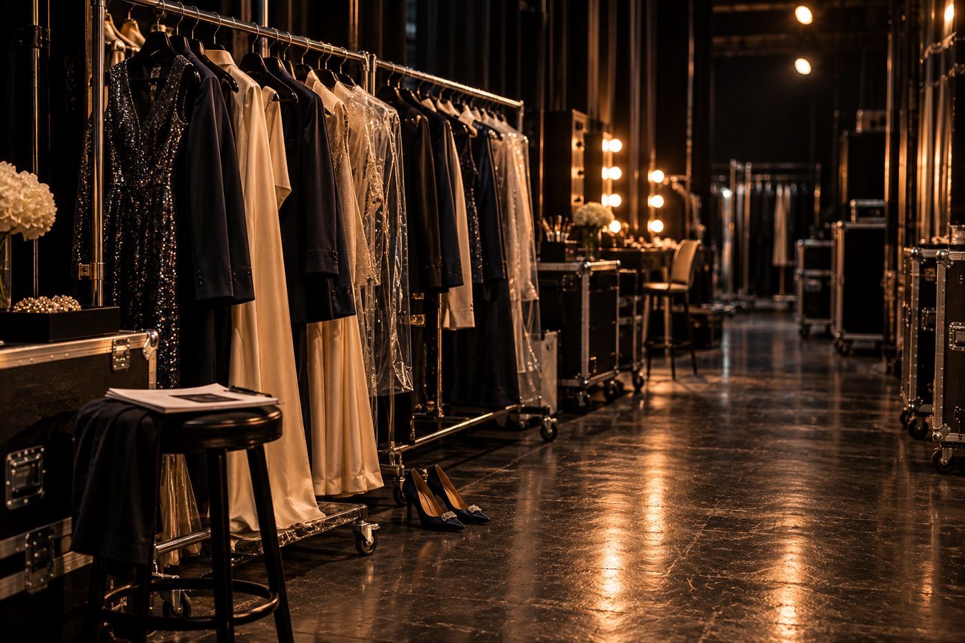 Backstage garment rail at a fashion show after the event