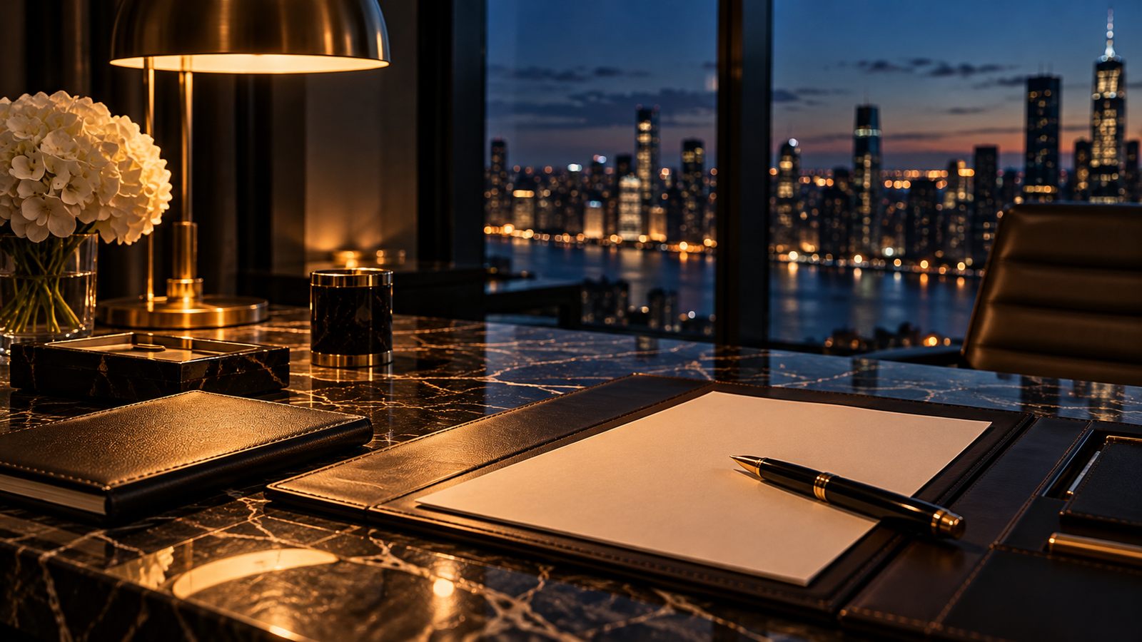 Document folio and pen on a desk overlooking a city skyline at dusk